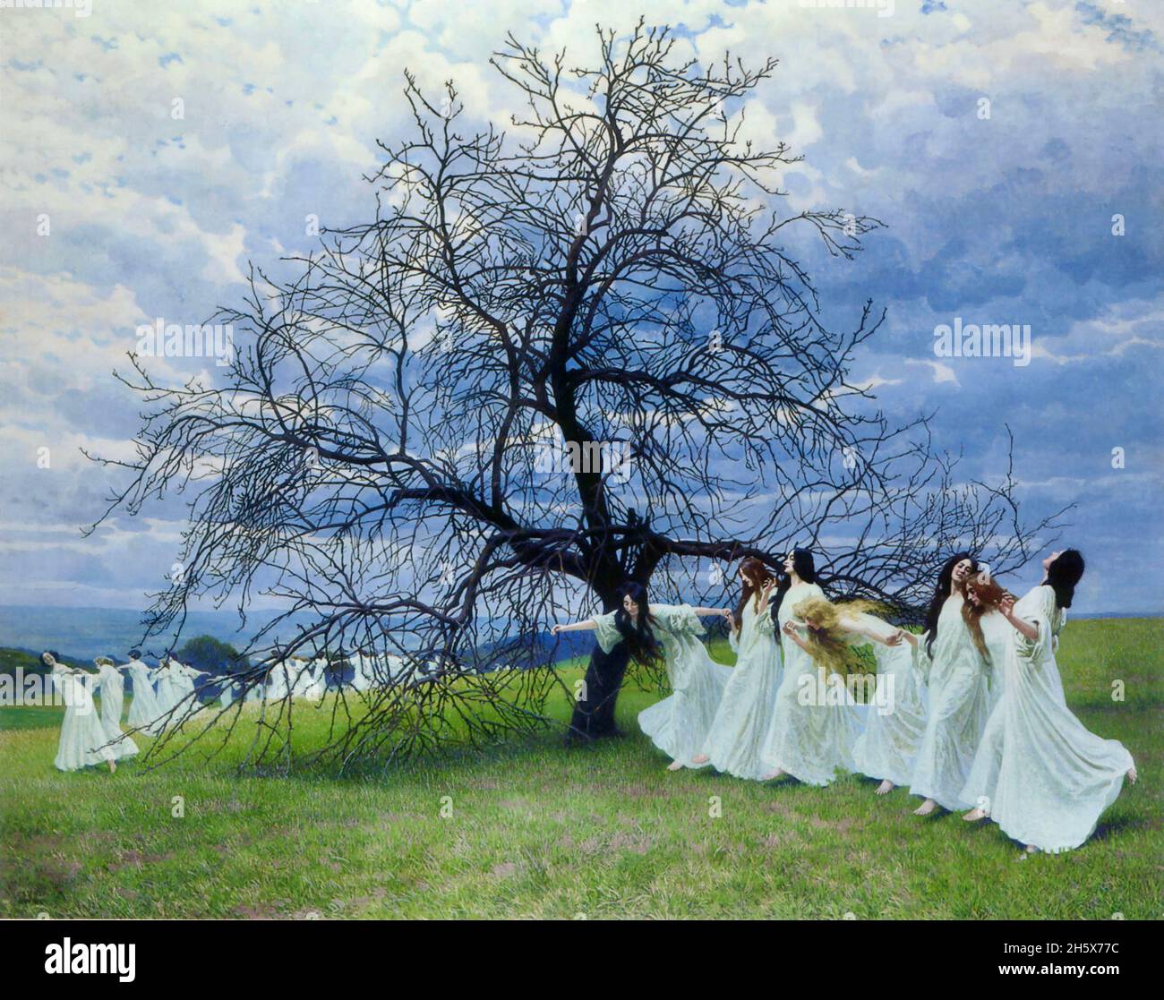 Maximilian Lenz artwork entitled A Song of Spring - White clad maidens engage in a ritual spring dance centred on a tree. Stock Photo