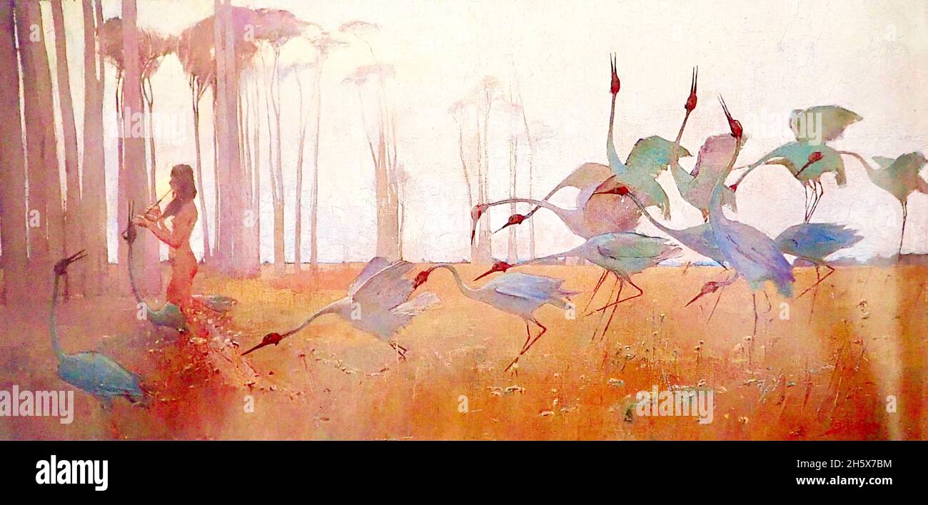 Sydney Long artwork entitled Spirit of the Plains - A Pied piper-esque figure leads a flock of dancing cranes across the landscape. Stock Photo