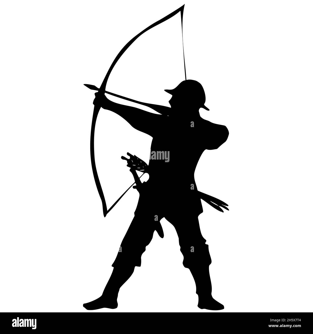 Black silhouette of an archer with arrows and a bow. A medieval warrior with a weapon is fighting in a war. Robin Hood from the English legend Stock Photo