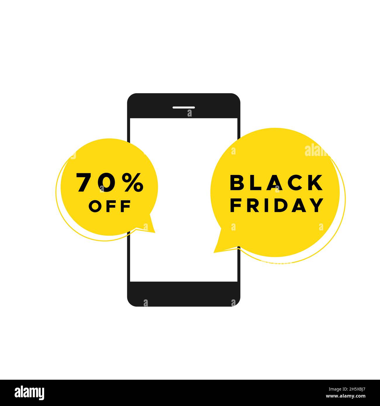 Black Friday. Mobile phone with yellow speech bubbles. Vector illustration, flat design Stock Vector