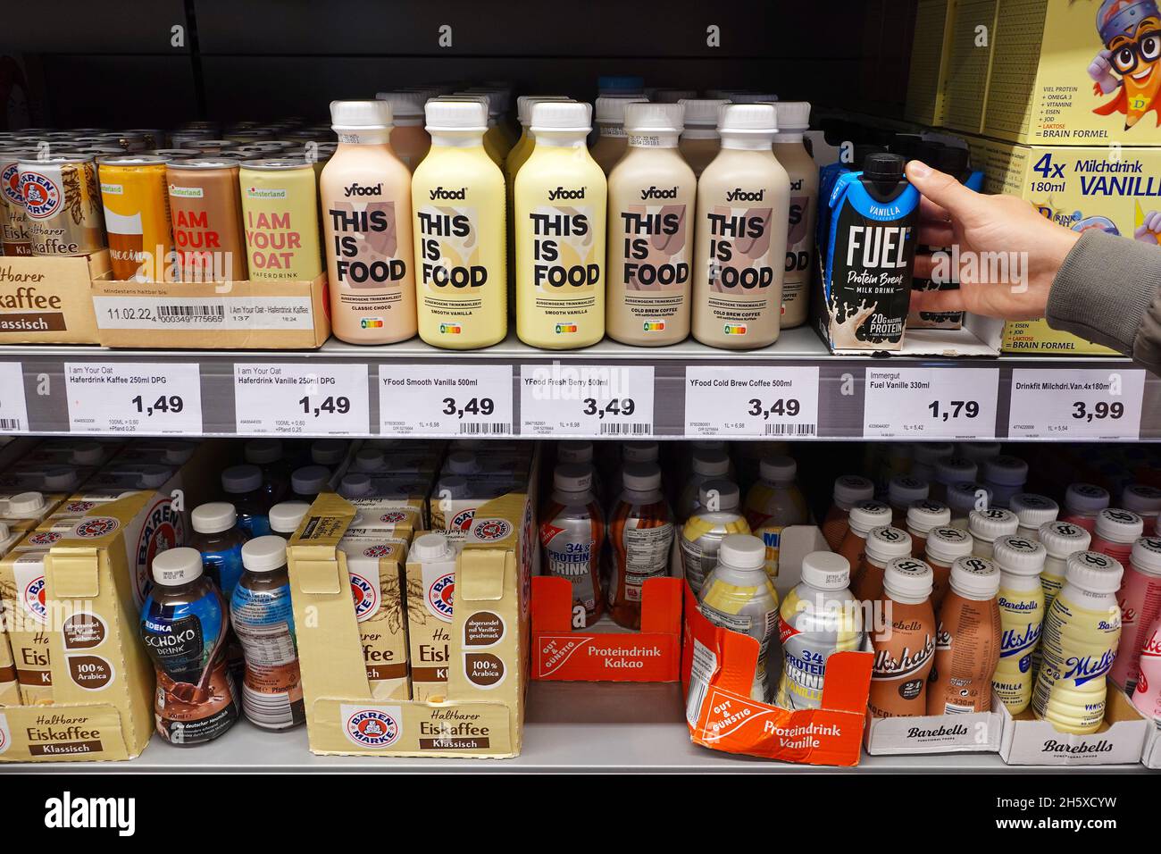 This is food drinks in a supermarket Stock Photo