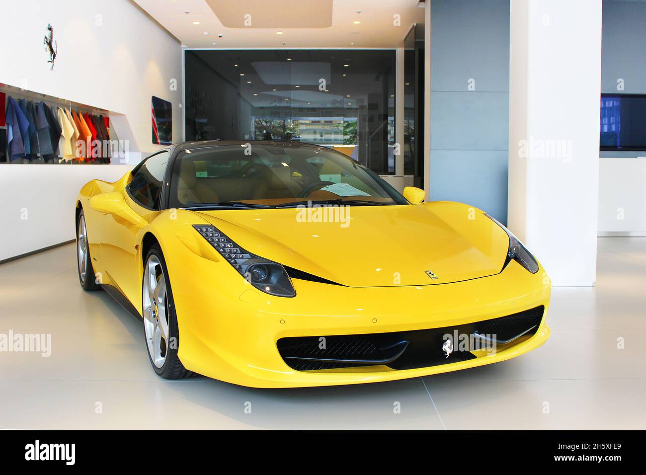 Kiev, Ukraine July 31, 2011 Ferrari 458 Italia. Yellow and black. New car. Car for sale Stock