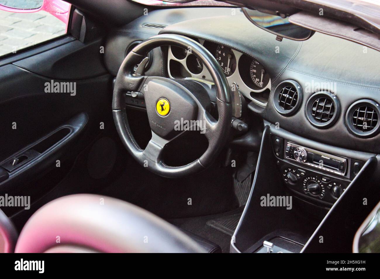 Kiev, Ukraine - June 1, 2013: Ferrari Modena F360 Spider Sbarro GT8.  View of the interior of a modern automobile showing the dashboard Stock Photo