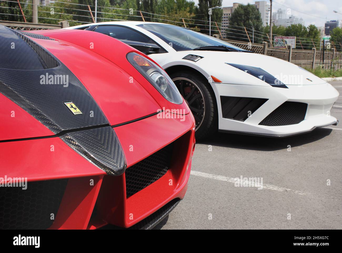 Kiev, Ukraine - July 30, 2011: Ferrari 599 GTB Fiorano Stallone Mansory and Lamborghini Murcielago IMSA Stock Photo