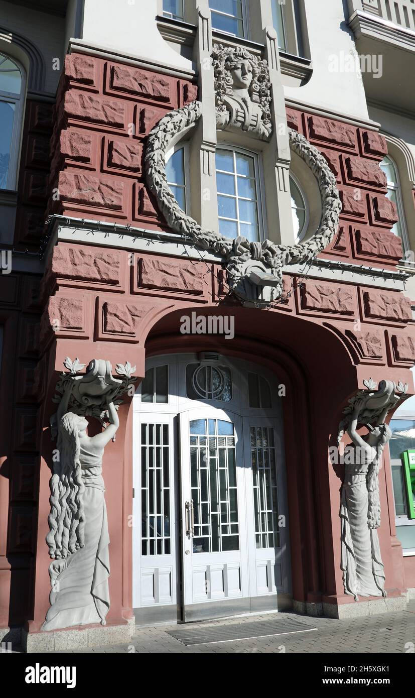 Art nouveau heritage architecture at Yaroslaviv Val Street in Kyiv Stock Photo