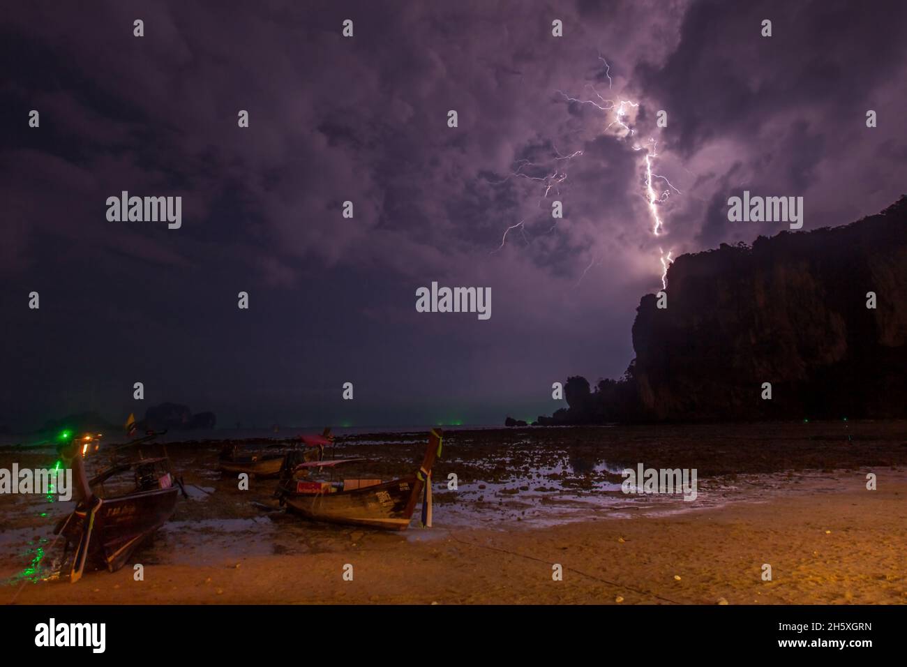 Lightning storm Thailand. Ton Sai beach Krabi. Stock Photo