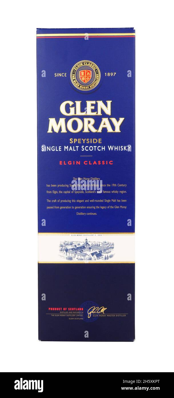 Glen Moray single malt whisky classic outer cardboard box isolated on a white background Stock Photo