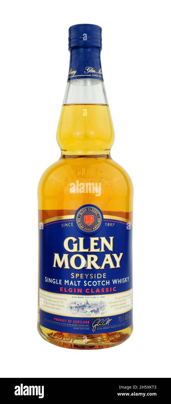 Glen Moray single malt whisky classic 70cl bottle isolated on a white background Stock Photo