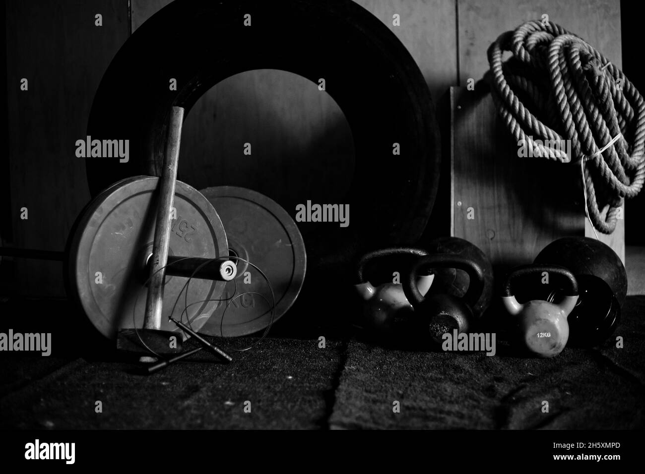 Crossfit, cross training ,Gym Equipment,Gym Equipment with a dramatic light Stock Photo