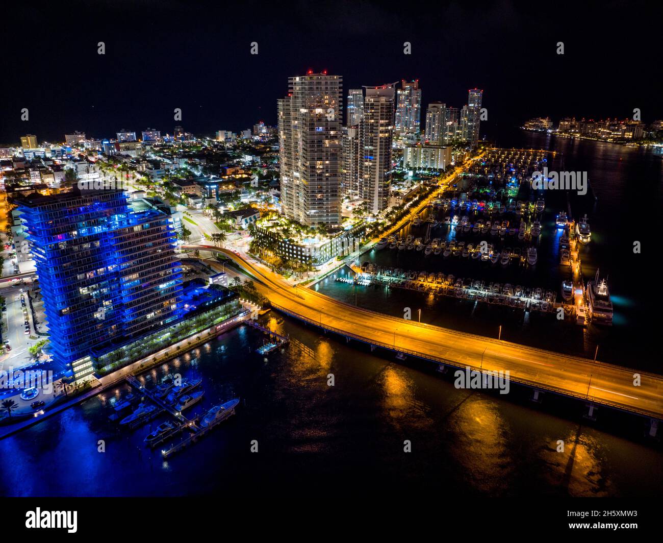Night scene Miami Beach Marina and Macarthur Causeway Stock Photo