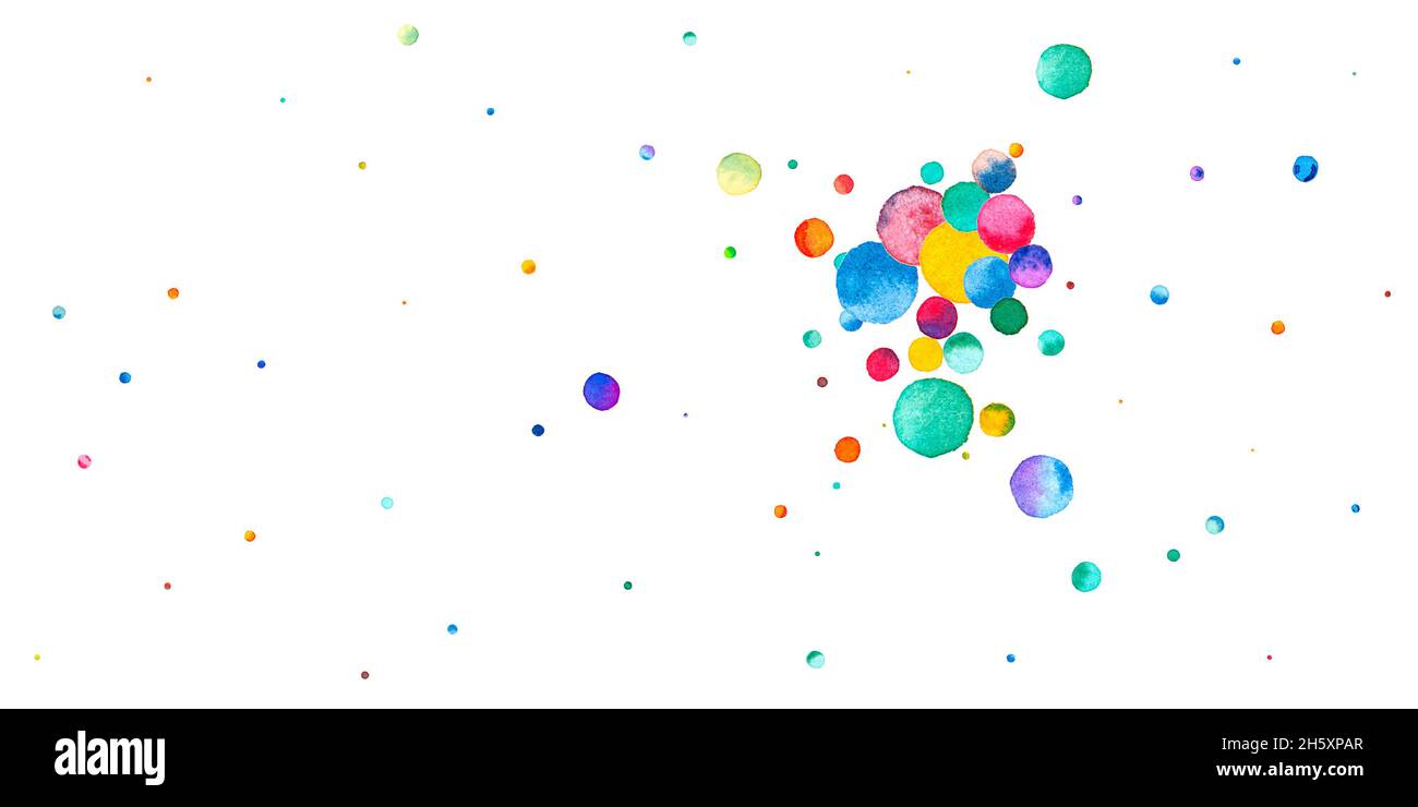 Watercolor confetti on white background. Alive rainbow colored dots. Happy celebration wide colorful bright card. Creative hand painted confetti. Stock Photo