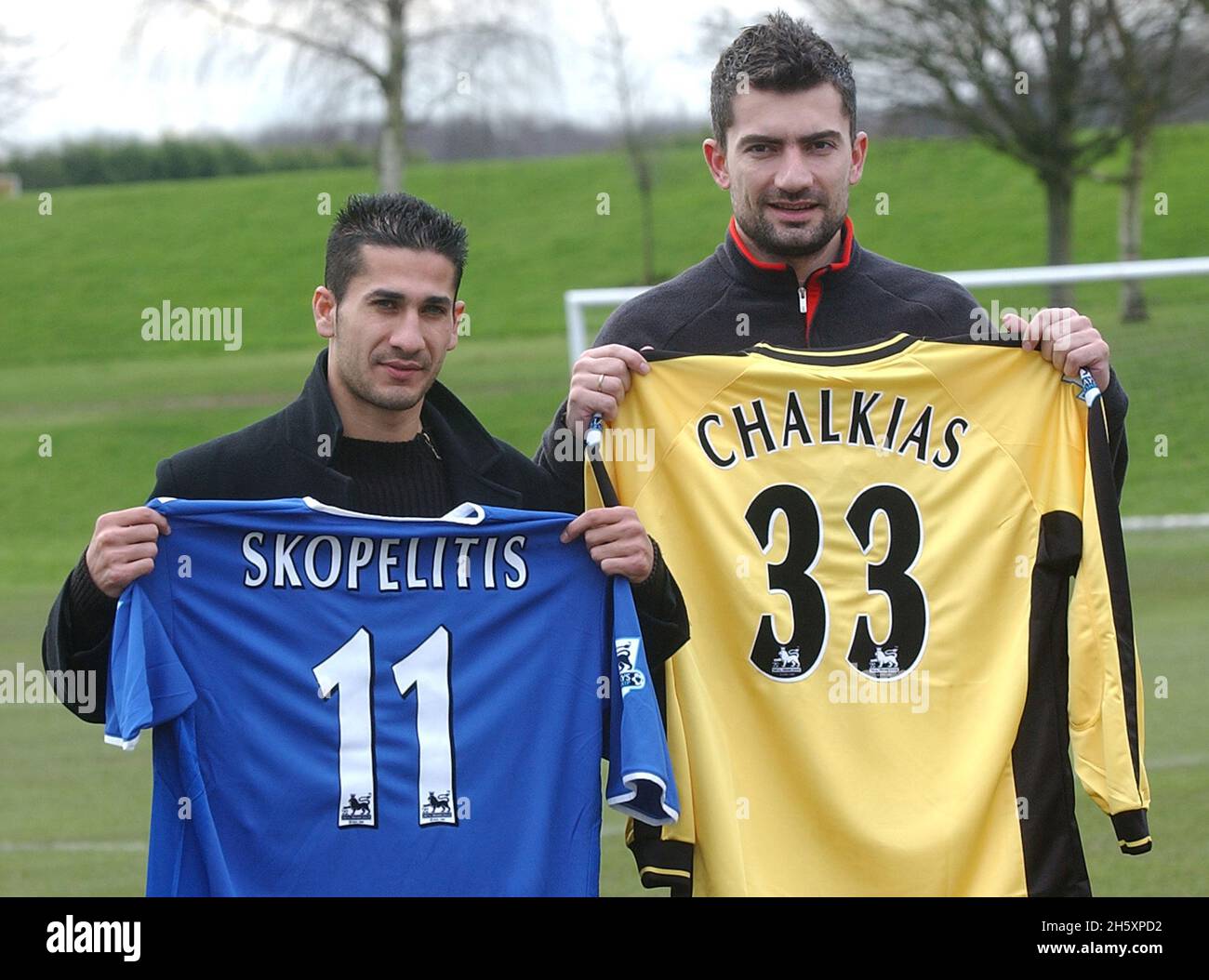 portsmouth's two new greek signings midfielder giannis skopelitis and goalkeeper kostas chalkias pic mike walker, m. and y. portsmouth Stock Photo - Alamy