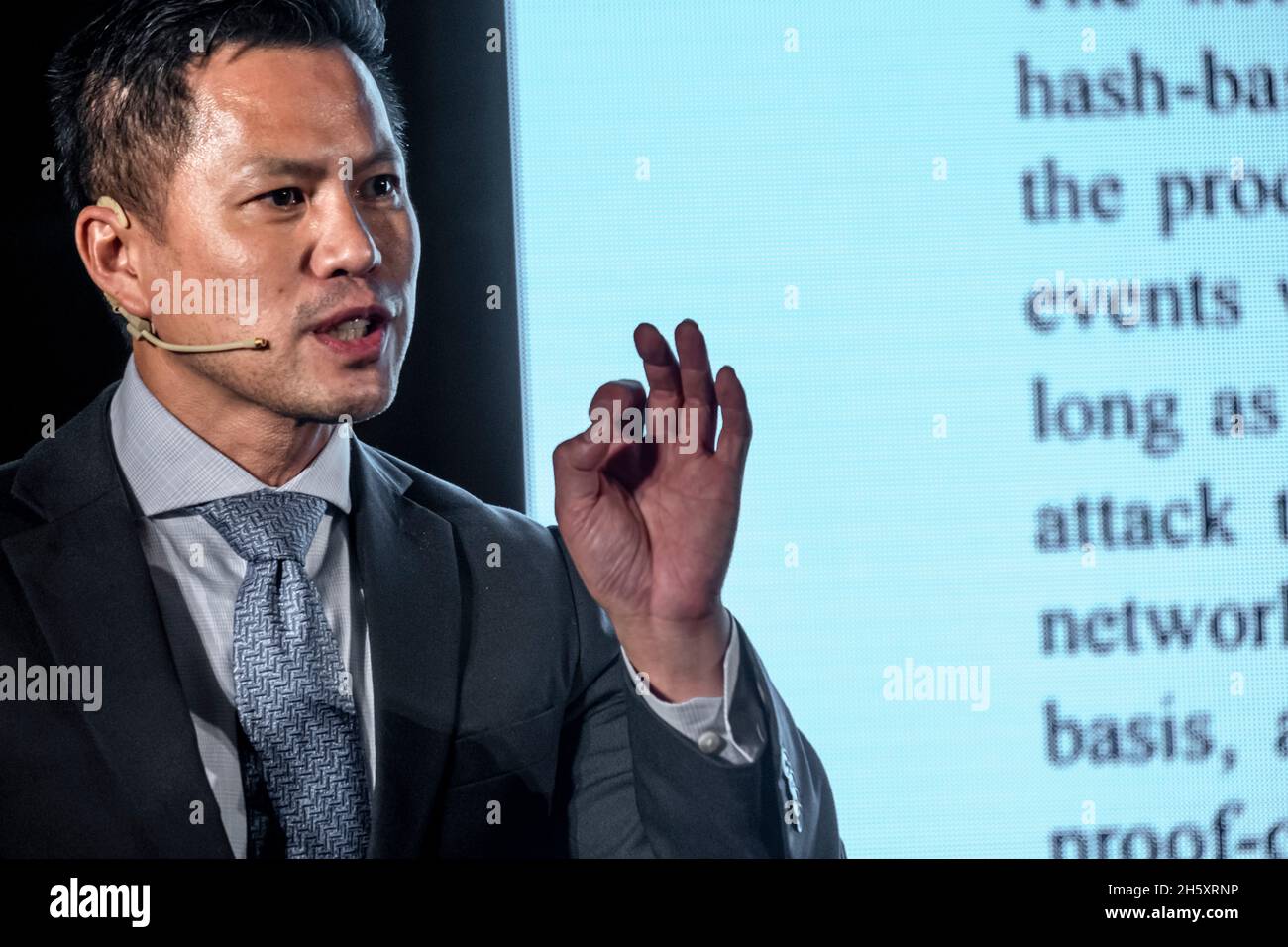 Barcelona, Spain. 11th Nov, 2021. Jimmy Nguyen, founding President at  Bitcoin Association speaks during the conference.At the annual framework of  Democracy4All, Blockchain For Governance has taken place in Barcelona with  conferences by