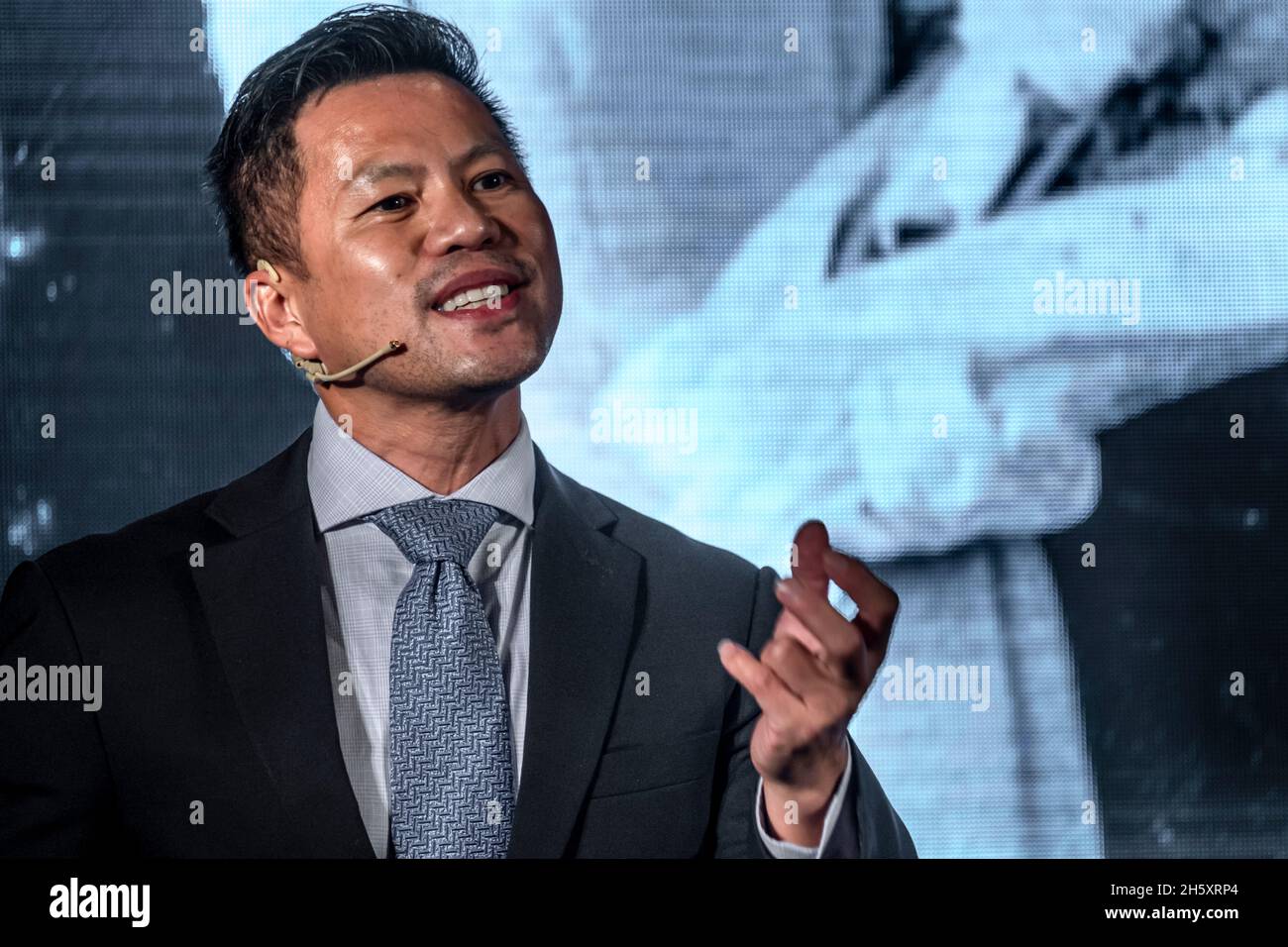 Barcelona, Spain. 11th Nov, 2021. Jimmy Nguyen, founding President at  Bitcoin Association speaks during the conference.At the annual framework of  Democracy4All, Blockchain For Governance has taken place in Barcelona with  conferences by