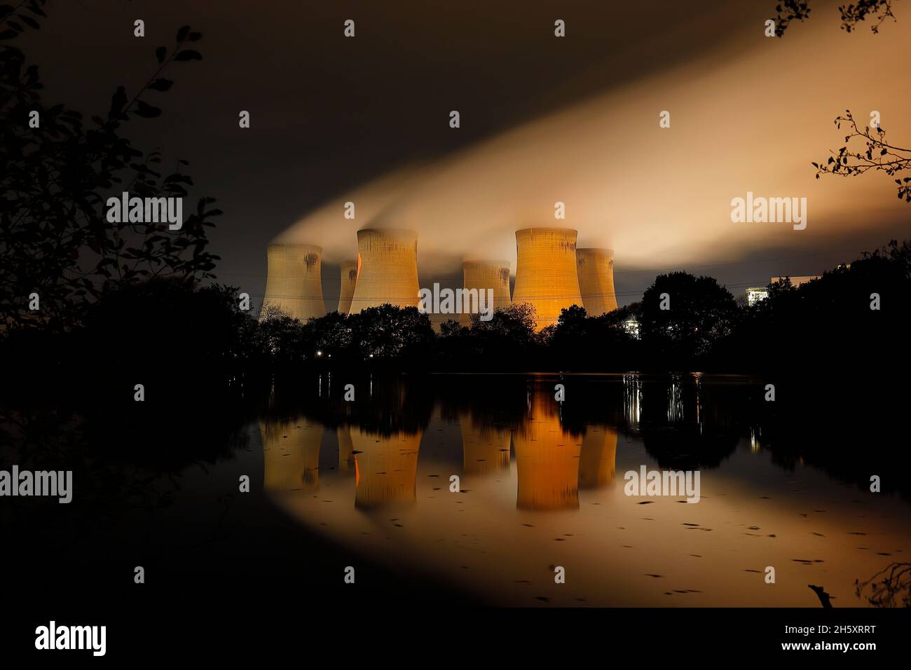 Reflections of cooling towers at Drax Power Station in North Yorkshire Stock Photo