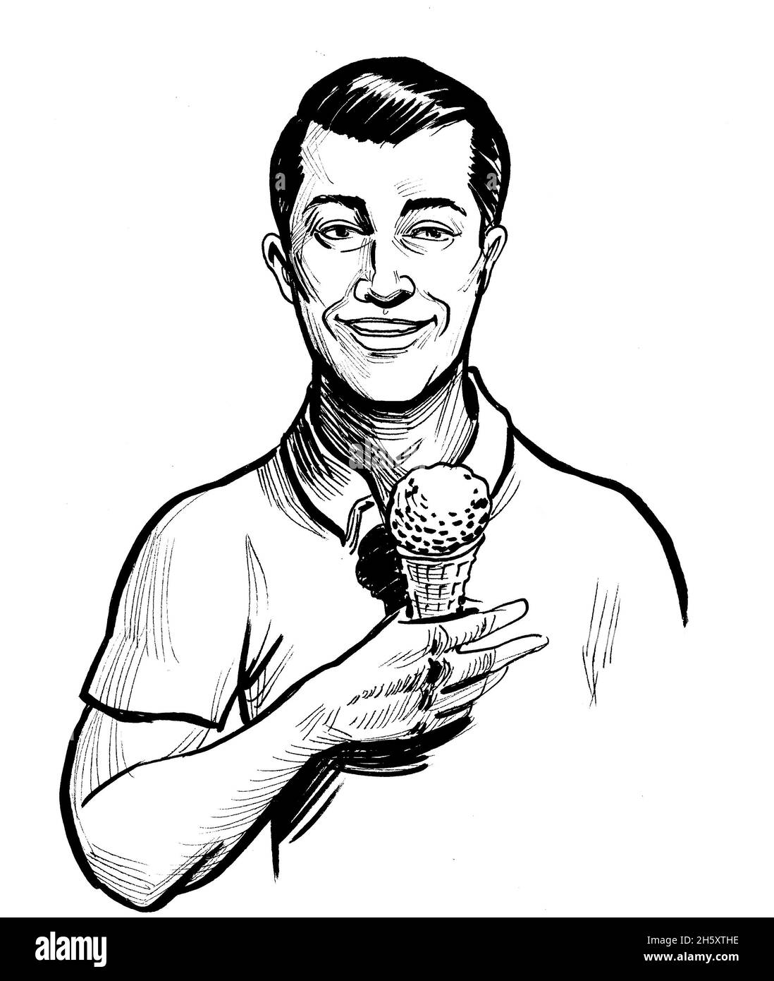 Happy man eating ice cream. Ink black and white drawing Stock Photo