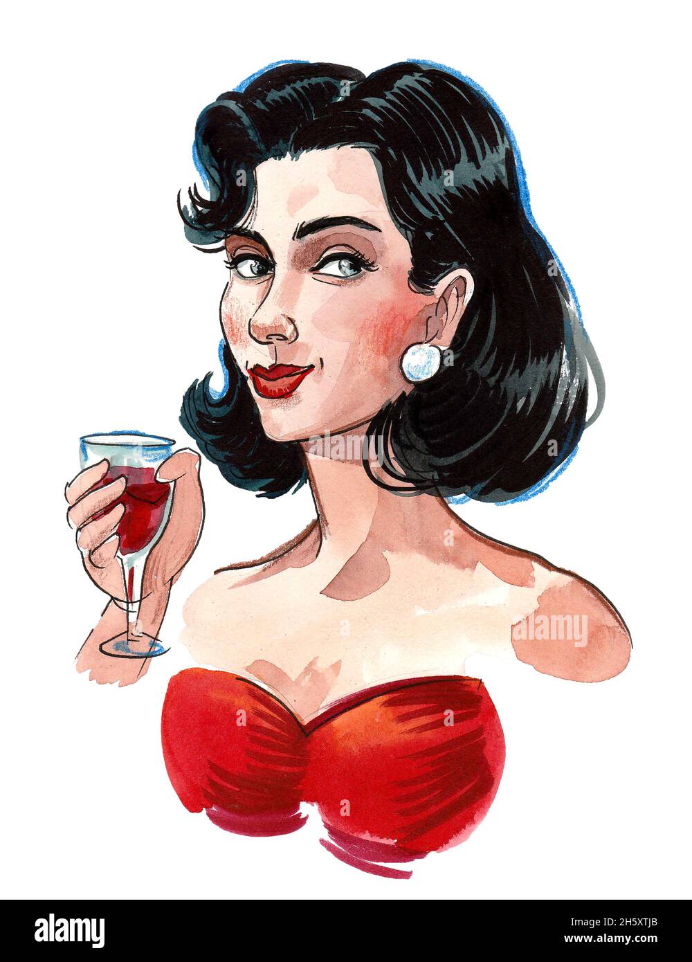 Beautiful brunette lady in red dress drinking a glass of red wine. Ink and  watercolor drawing Stock Photo - Alamy