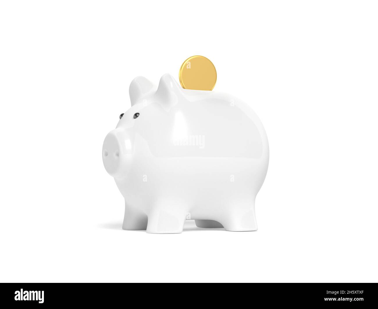 White piggy bank and coin isolated on white background. Money savings ...