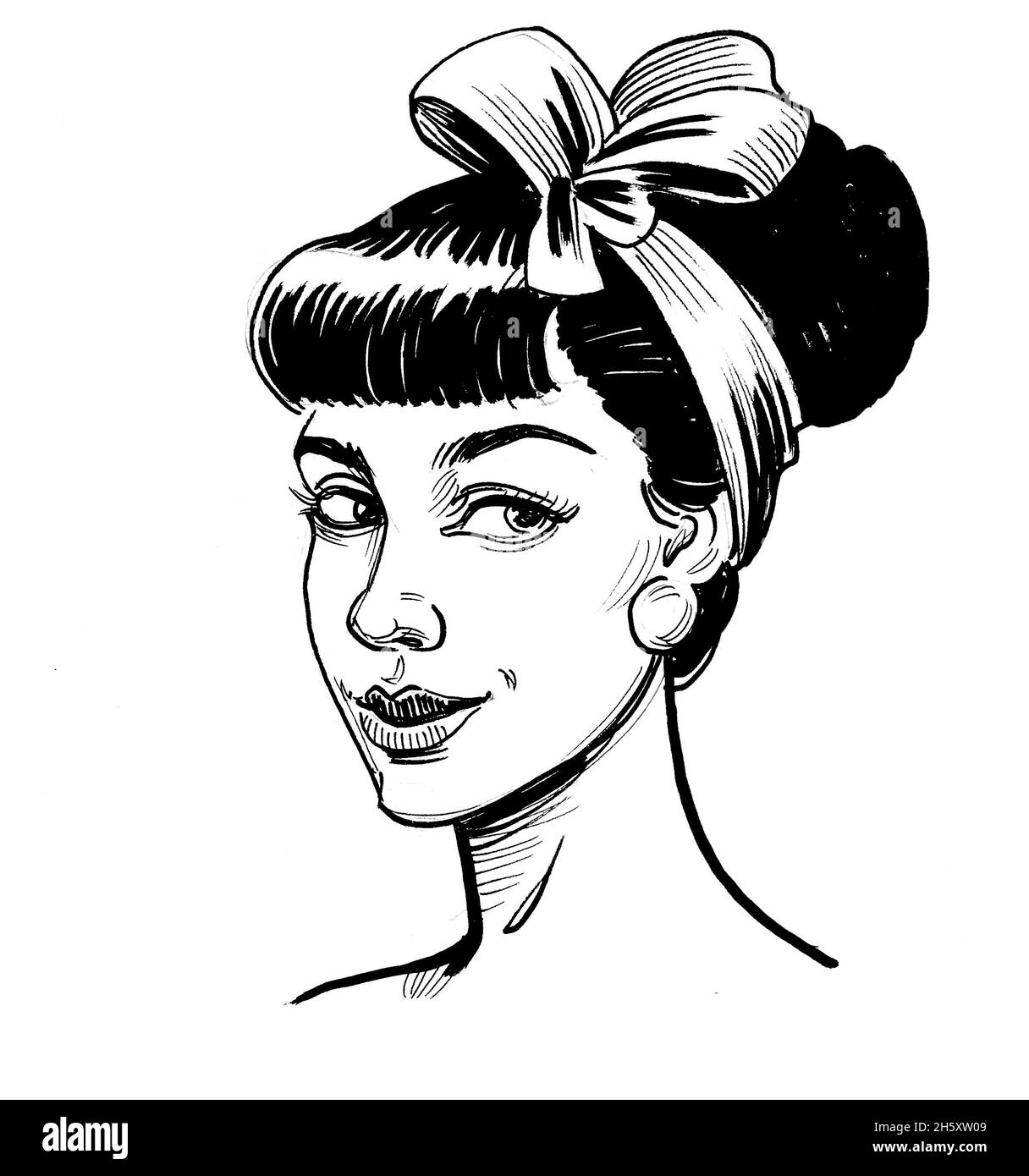 Pretty pinup woman. ink black and white drawing Stock Photo - Alamy