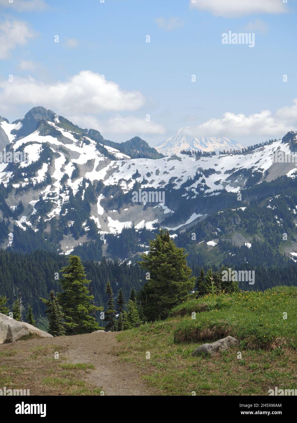 Scenic snowy mountainscape in Mount Rainier National Park, Washington State Stock Photo