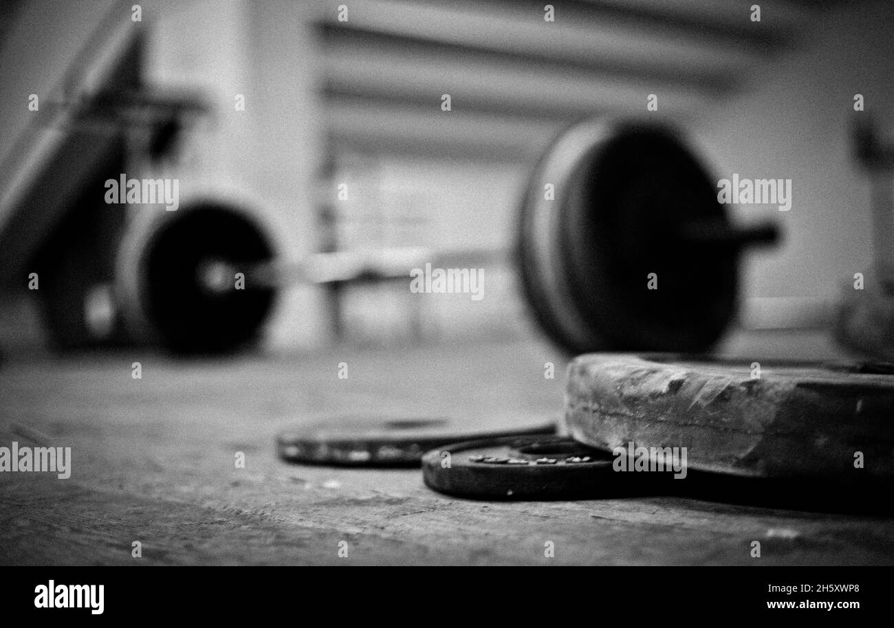 Barbell and discs in a weightlifting gym Stock Photo
