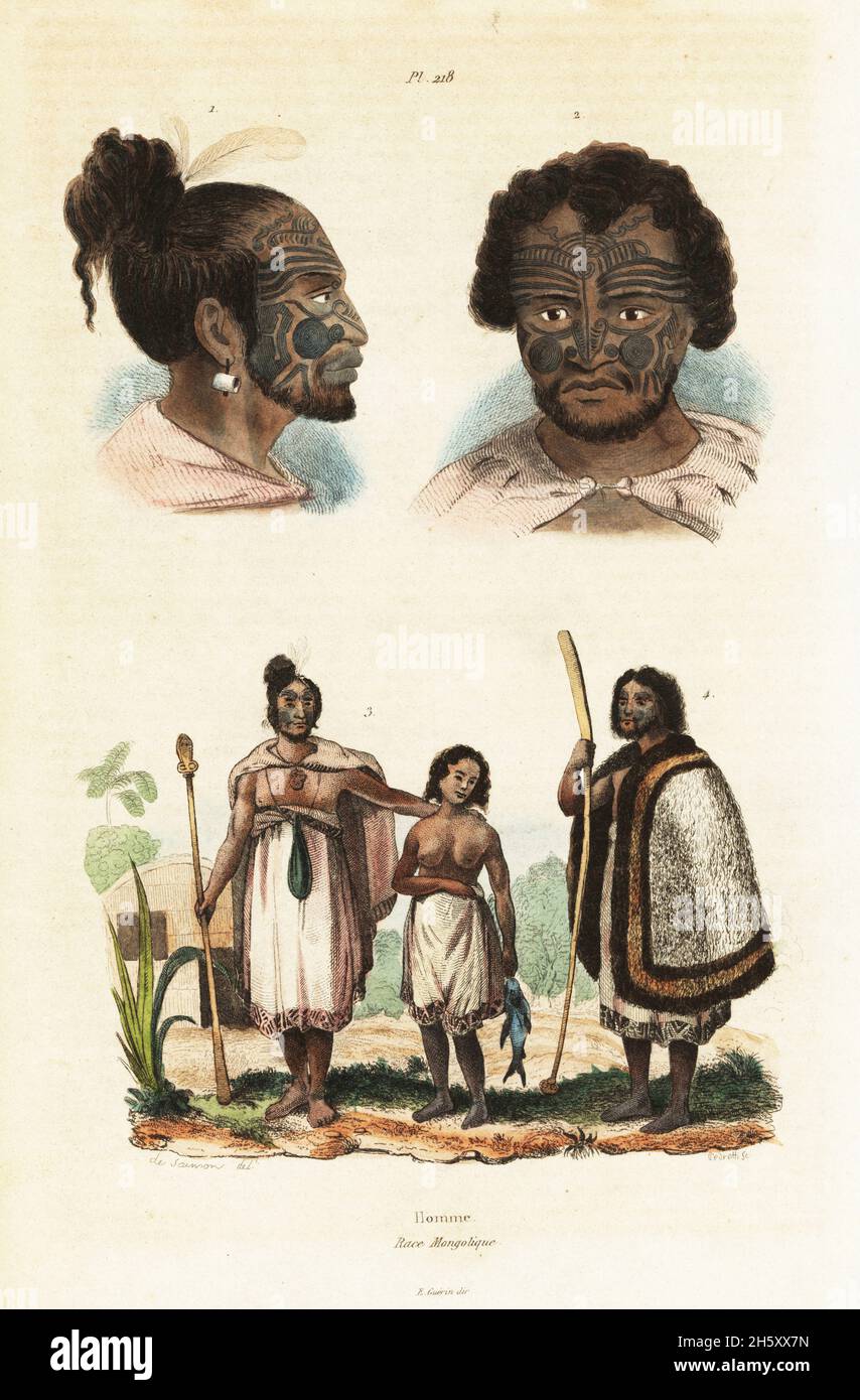 Heads of Maori men with tamoko or moko facial tattoos, New Zealand. Maori family with man holding a taiaha club, woman with carved club, and girl with fish. Homme: Race mongolique. Handcoloured steel engraving by Pedretti after an illustration by de Saimon from Felix-Edouard Guerin-Meneville's Dictionnaire Pittoresque d'Histoire Naturelle (Picturesque Dictionary of Natural History), Paris, 1834-39. Stock Photo