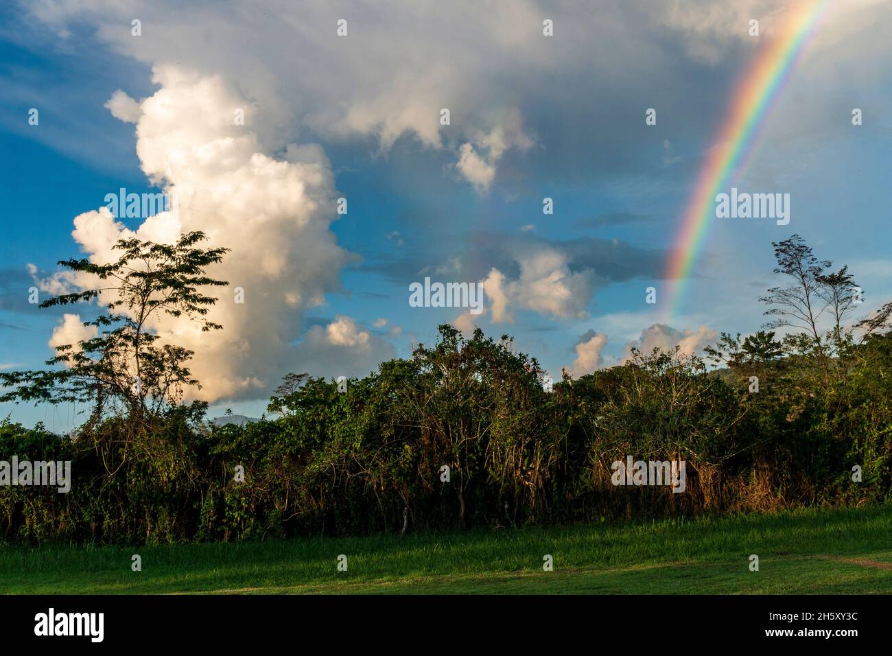 storm clouds and rainbow in the peruvian jungle Stock Photo