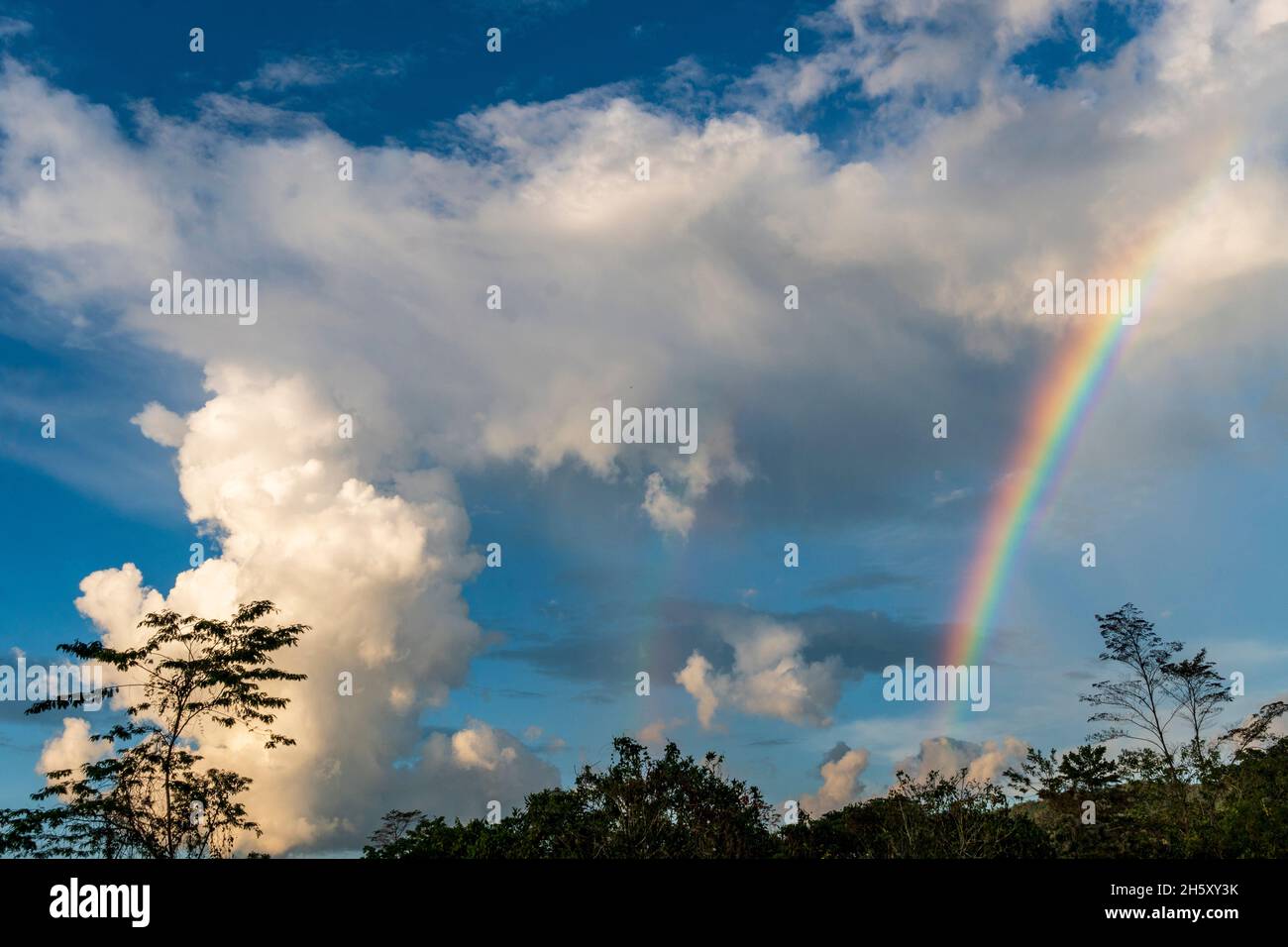 storm clouds and rainbow in the peruvian jungle Stock Photo
