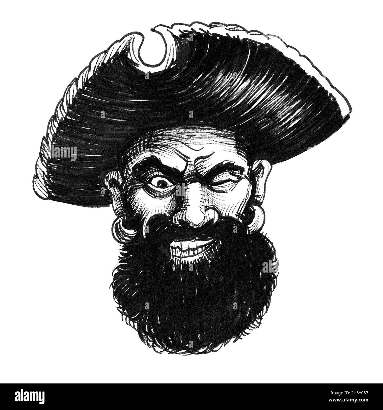 Mad Pirate Face Ink Black And White Drawing Stock Photo Alamy