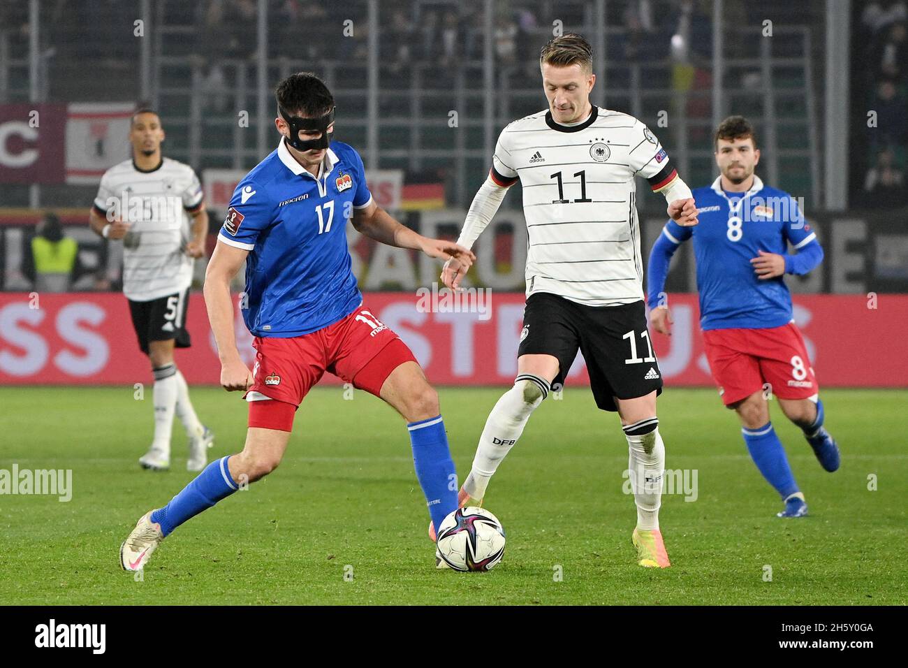 Wolfsburg Germany 11th Nov 21 Marco Reus Front R Of Germany Vies With Noah Frommelt Of Liechtenstein During The Fifa World Cup Qatar 22 European Qualifiers Group J Football Match Between Germany