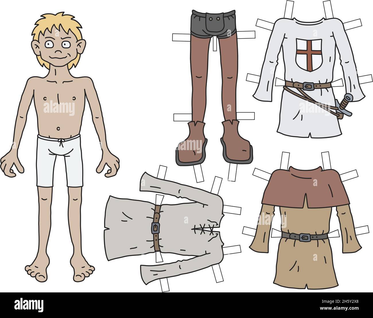 The paper doll funny historical blonde noble warrior with cutout clothes Stock Vector