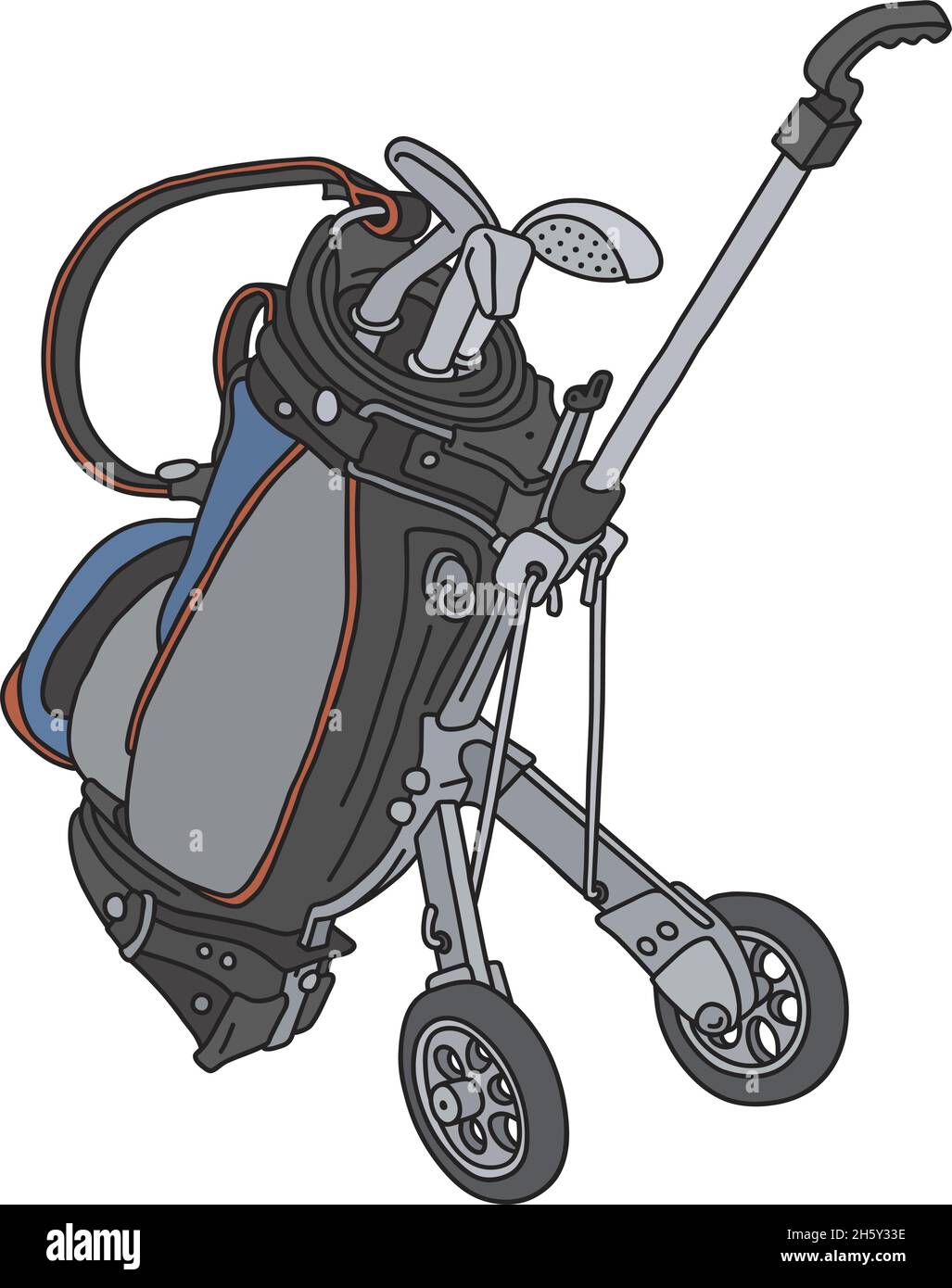 The vectorized hand drawing of a golf club bag with a folding chassis