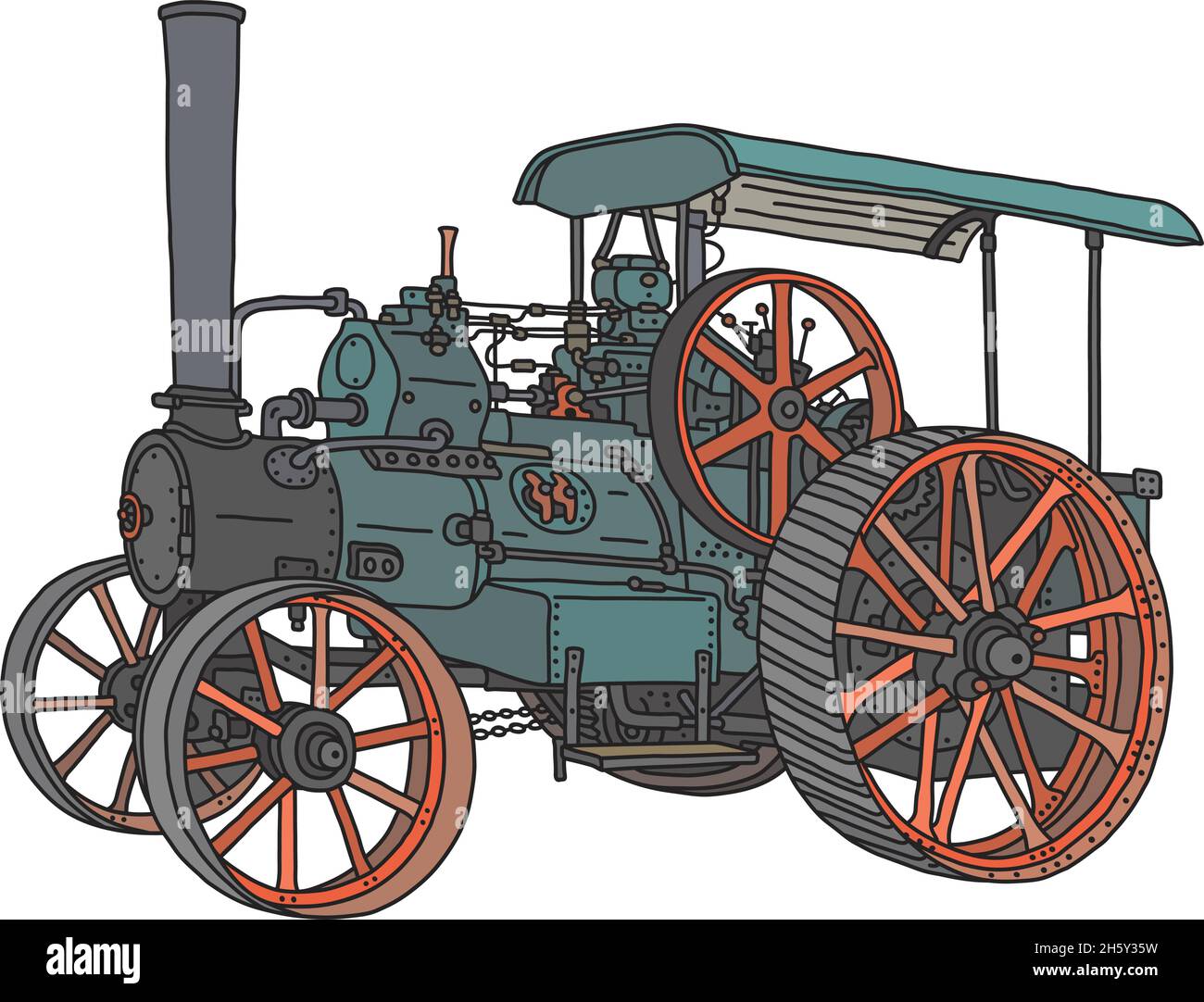 The vectorized hand drawing of a vintage green steam traction engine Stock Vector
