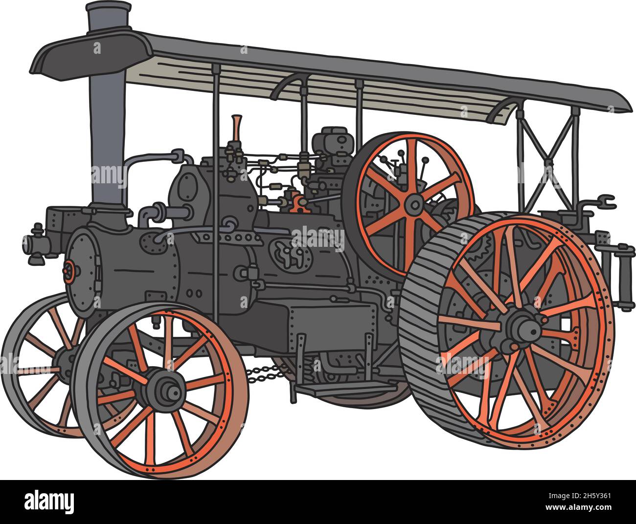 The vectorized hand drawing of a vintage steam traction engine Stock Vector
