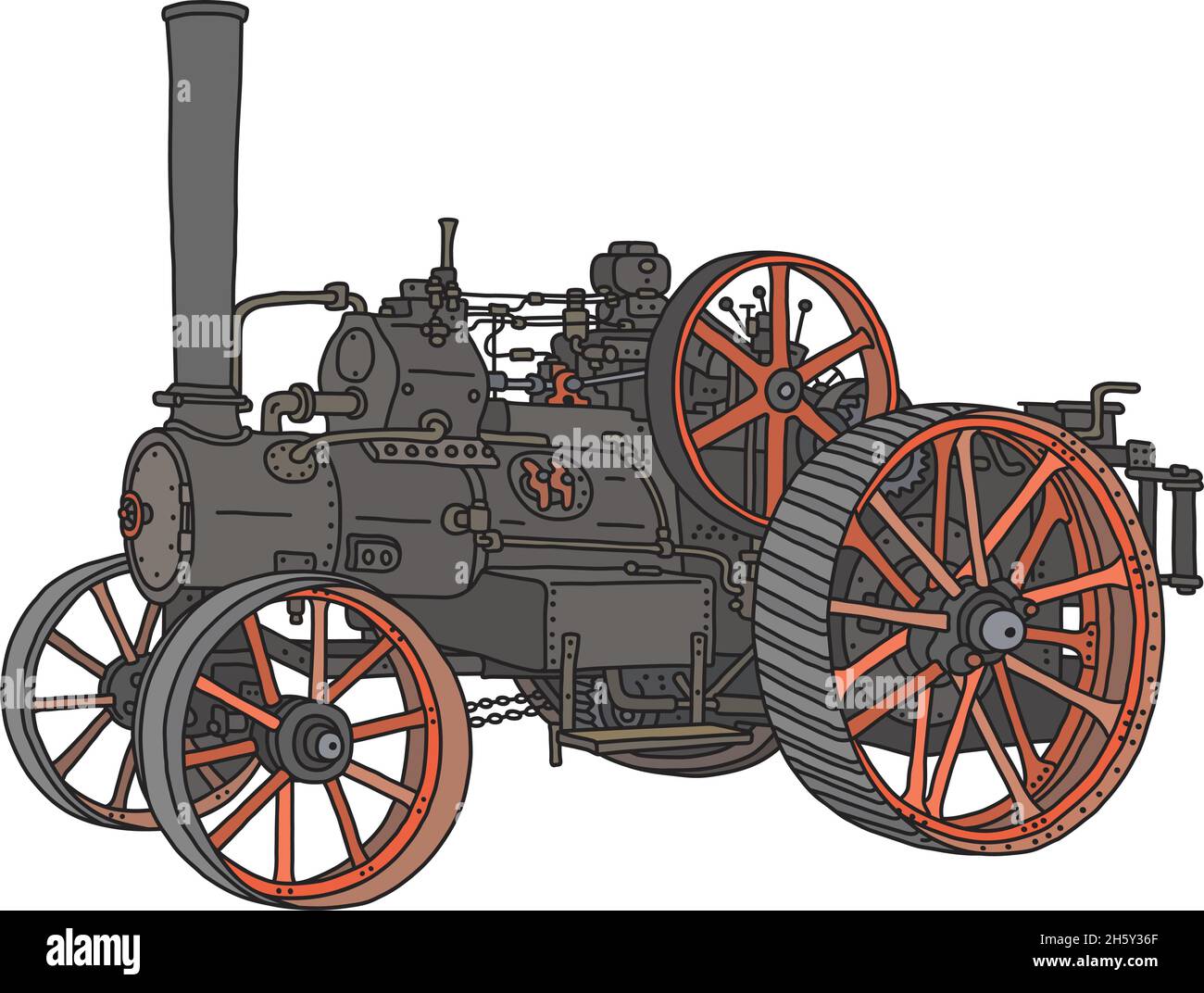 The vectorized hand drawing of a vintage steam traction engine Stock Vector