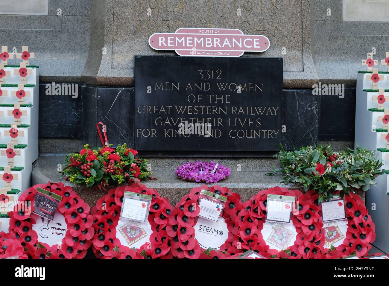 London, UK. Wreaths are placed around the First World War memorial for Armistice Day, marking the day Allied and German forces signed a peace treaty. Stock Photo