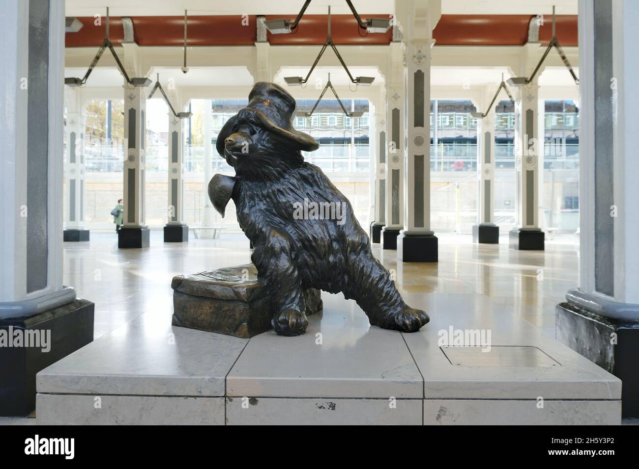 The Paddington Bear bronze statue at Paddington Station where the children's fictional character