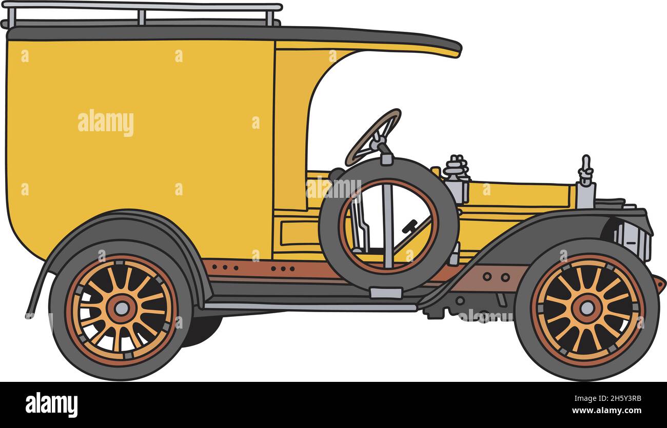 The vectorized hand drawing of a vintage black and yellow delivery van ...