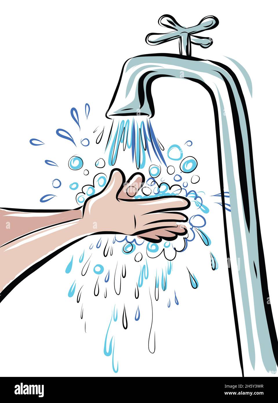 Cartoon illustration of two hands being washed under a tap. Water is flowing and suds and water splashing everywhere Stock Photo