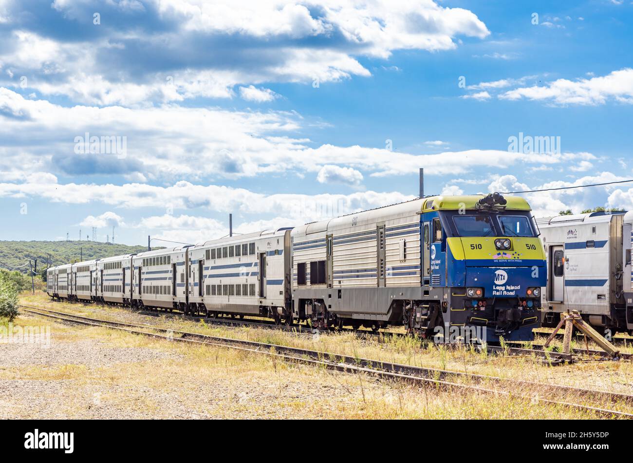 LIRR engine and cars in Montauk, NY Stock Photo
