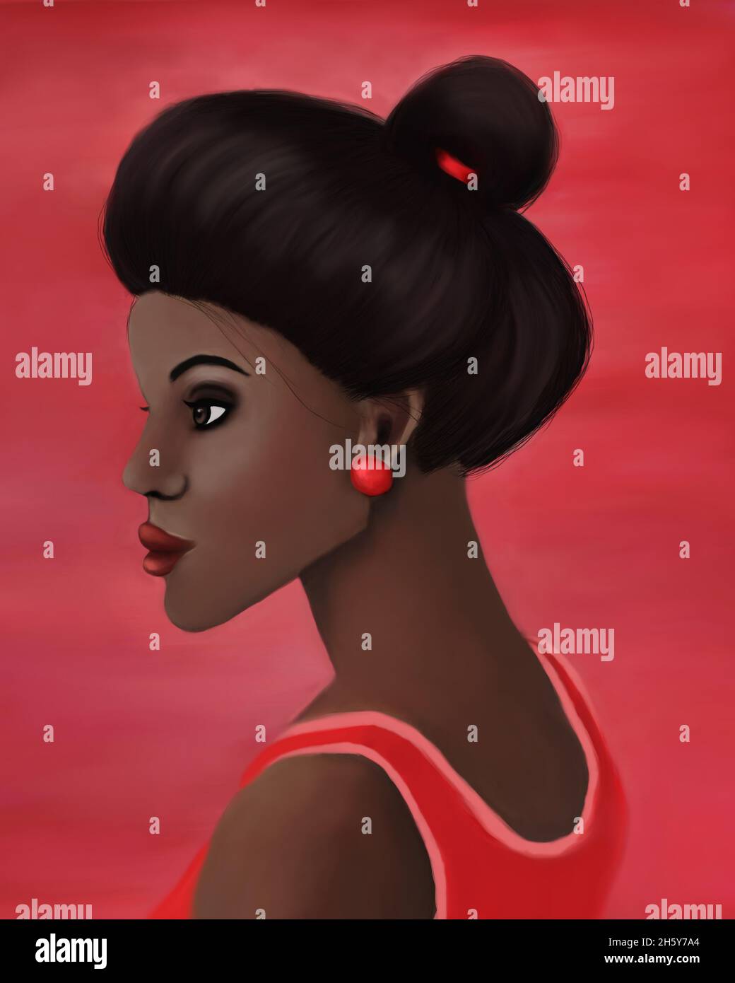 A painting of a beautiful dark skinned woman's side profile with her ...