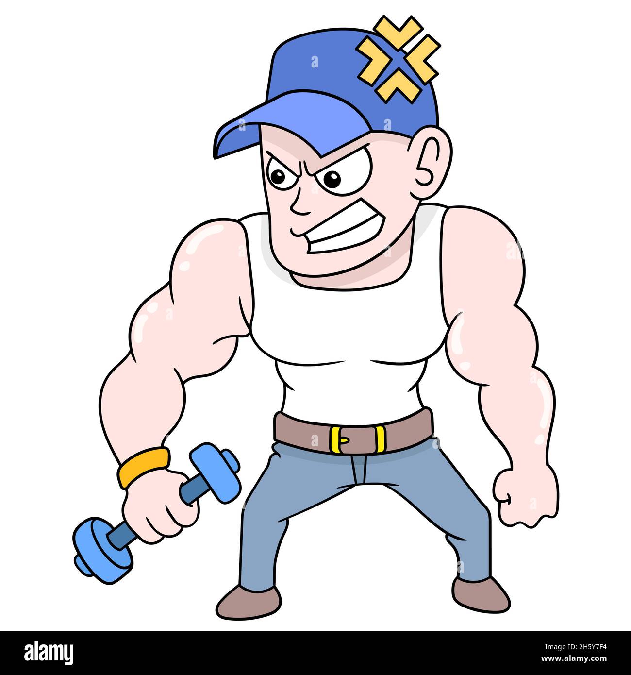 muscular man is in the gym lifting a barbell Stock Vector