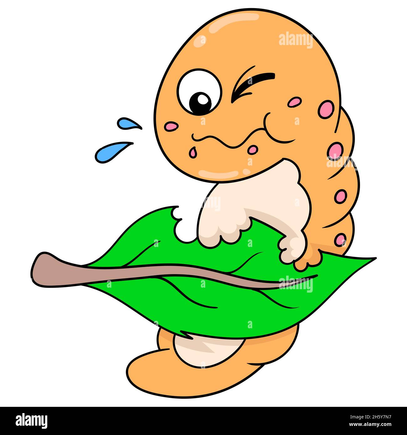 colored silkworms people are eating leaves for metamorphosis Stock