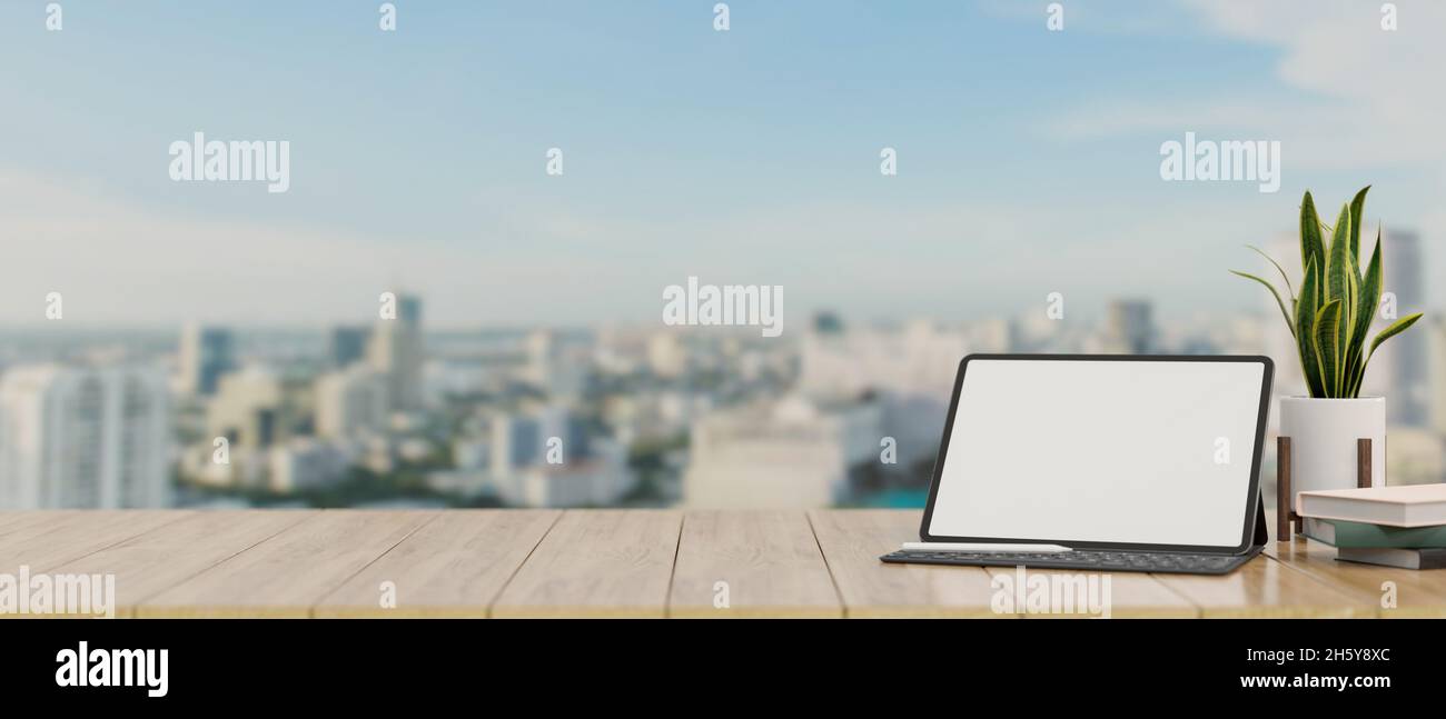 Copy space for product display with touchpad white screen mockup and decor  on wooden table over blurred city view background. 3d rendering, 3d illustr  Stock Photo - Alamy