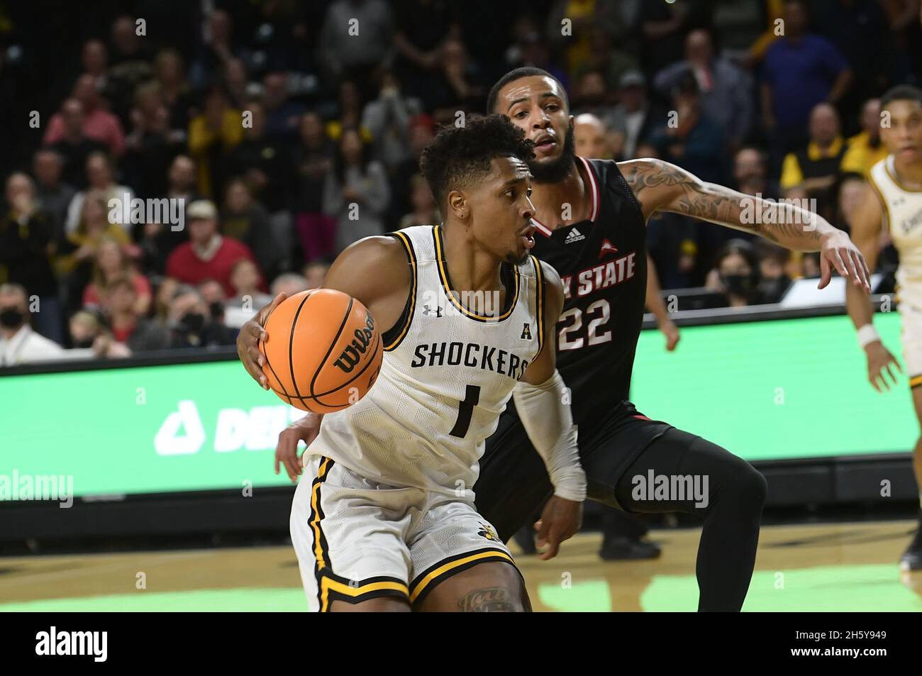 Wichita, Kansas, USA. 09th Nov, 2021. Wichita State Shockers guard Tyson Etienne (1) drives to the basket during the NCAA Basketball Game between the Jacksonville State Gamecocks and the Wichita State Shockers at Charles Koch Arena in Wichita, Kansas. Kendall Shaw/CSM/Alamy Live News Stock Photo