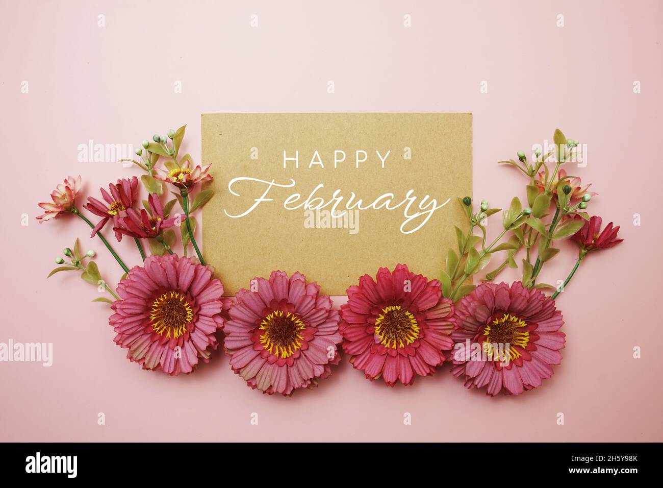 February Pink Text Vector Happy February typography text with flowers on pink background Stock ...