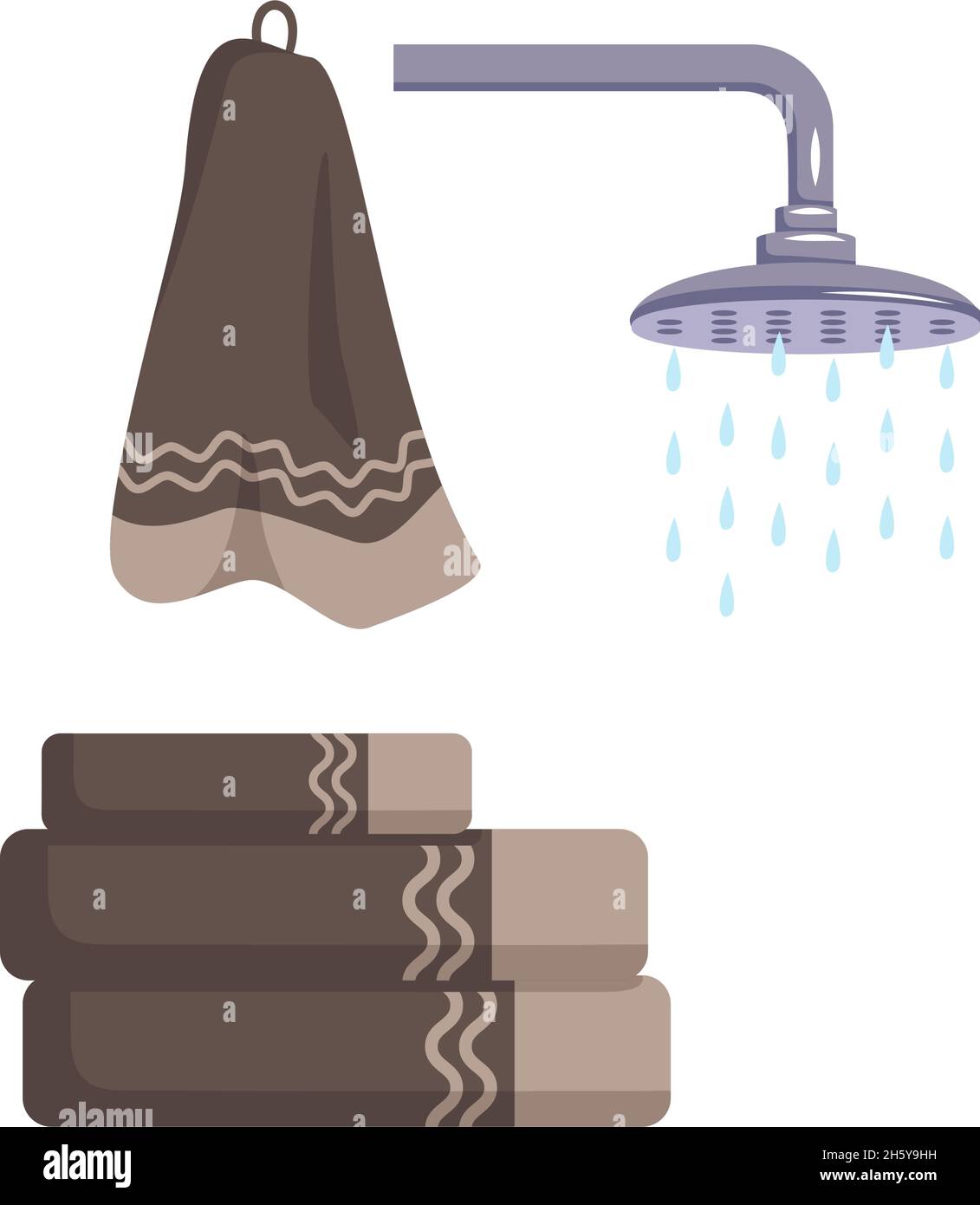 Bath towels are stacked and hung and shower with water drops. Items for washing and caring for the purity of body. Stock Vector