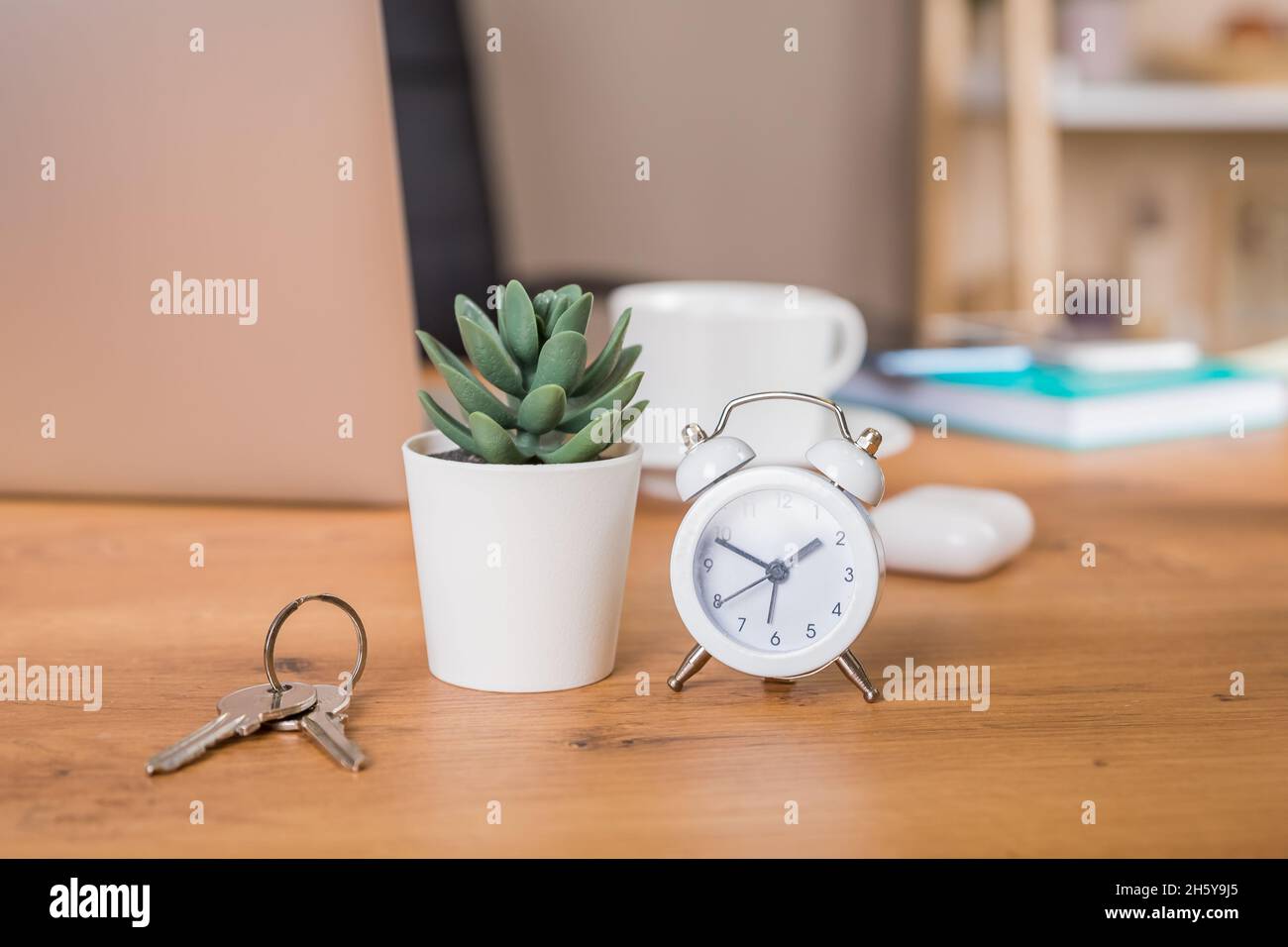 Model house on construction plan for house building, keys, red alarm ...