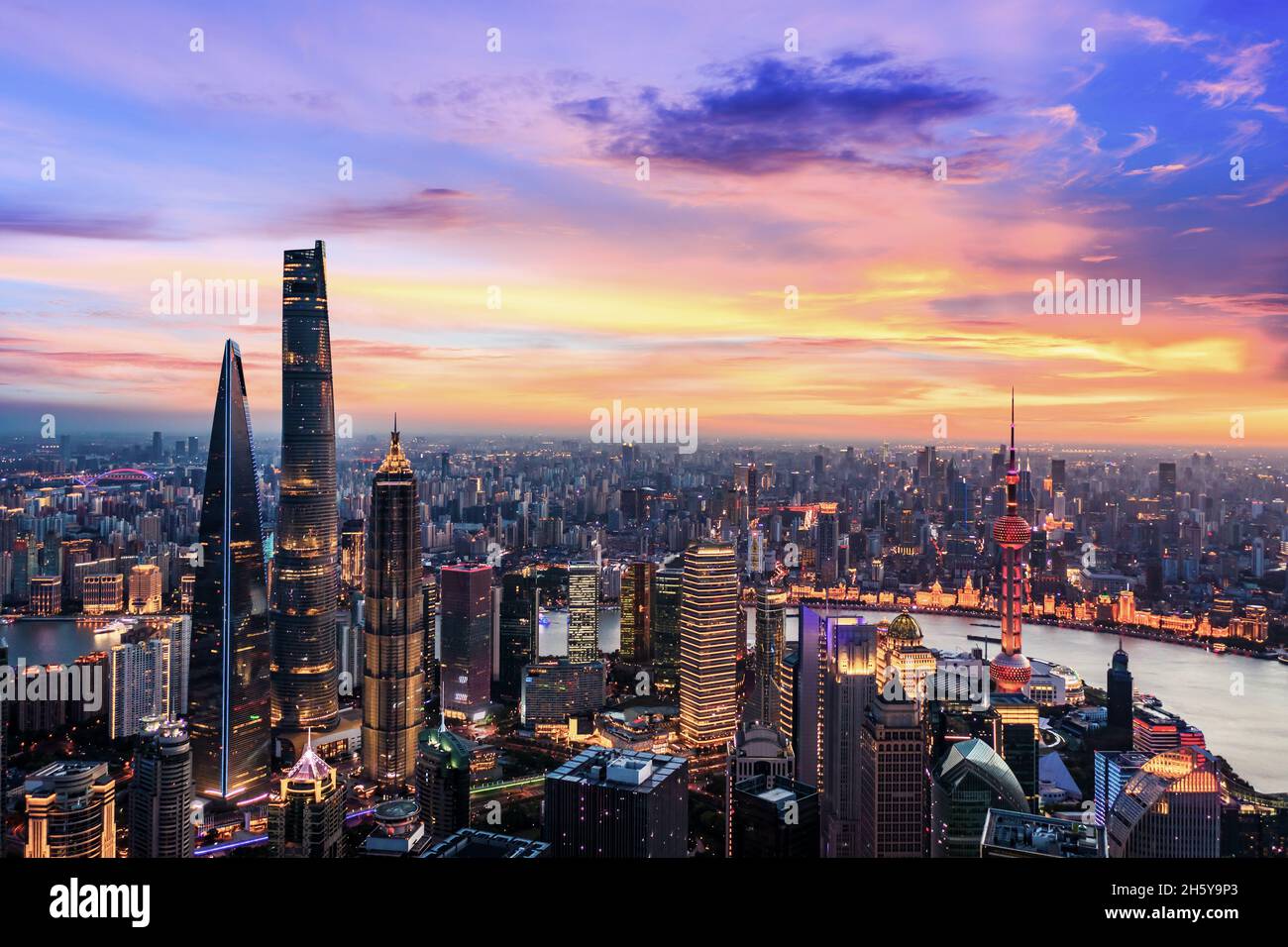 Aerial view of Shanghai skyline and cityscape at night,China Stock ...