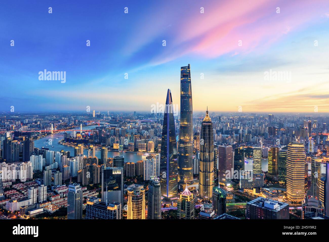 Aerial view of Shanghai skyline and cityscape at night,China Stock ...